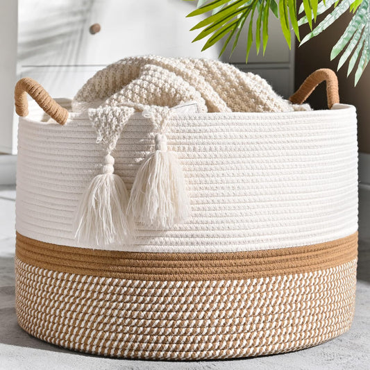 KAKAMAY Large Blanket Basket (20"x13"),Woven Baskets for storage Baby Laundry Hamper